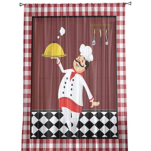 Sheer Curtain Panels 108 inches Long Kitchen Chef Knives Forks Gourmet Outdoor Sheer Curtain Drapes for Patio Living Room Red White Check Semi Sheer Window Treatment for bedroom 54 Wide,1 PC