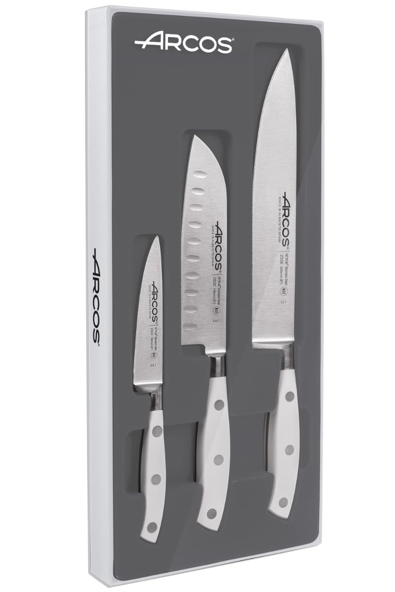 ArcosForged Knife Set 3 pieces - Nitrum Stainless Steel and mm blade,613 gr, Ergonomic Polyoxymethylene POM Handle, Series Riviera Blanc, Thin blade with a characteristic smooth edge, Color White