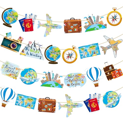 4pcs Travel Theme Party Banners Adventure Awaits Party Decorations Let The Adventure Begin Bon Voyage Map Theme Banners for Around The World Party Graduation Farewell Retirement Supplies