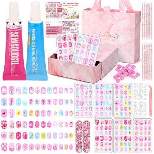 144 Pcs Press on Nails for Kids 10-12, Fake Nails for Girls with Glue & Sticky Tabs, Short Kids Glue on Nails with Cute Designs, Nails Art Gift Set for Girls, Teens & Women