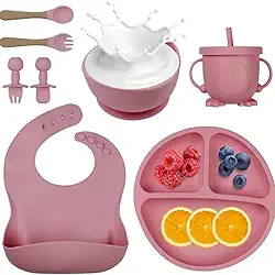 Kit Refeição Infantil em Silicone 8 Peças, Pratos e Talheres para Bebê Introdução alimentar bebê (Terra cota)