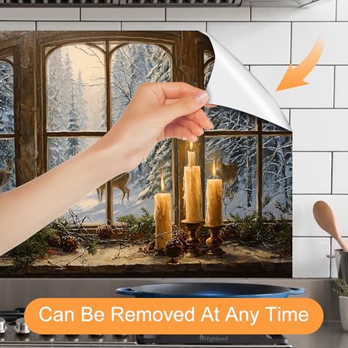 Image of Winter Deer Arched Window Backsplash Peel and Stick, 35.4x23.6 in