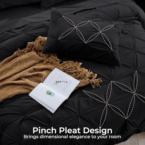 Image of Sasttie King Size Comforter Set, 7-Piece Bed in a Bag, Pintuck Bedding Set for All Season, Includes Comforter, Flat Sheet, Fitted Sheet, Pillowcases and Pillowshams, Black