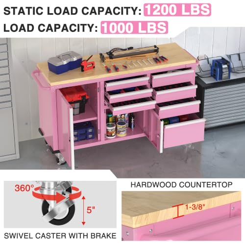 Image of WORKPRO 62 inch x 20 inch Rolling Tool Chest, 7-Drawer & 2-Door, Pink