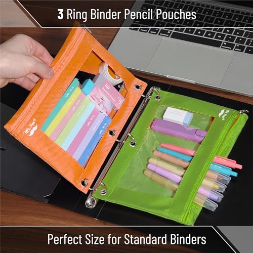 Image of Mr. Pen- Pencil Pouch for 3 Ring Binder, 2 Pack, 10 inchx6.75 inch, Smooth Zipper | Clear Window, Large Capacity Pencil Case with 3 Reinforced Grommets for School, Office, Supplies Storage | Clear Window, Large Capacity Pencil Case with 3 Reinforced Grommets for School, Office, Supplies Storage