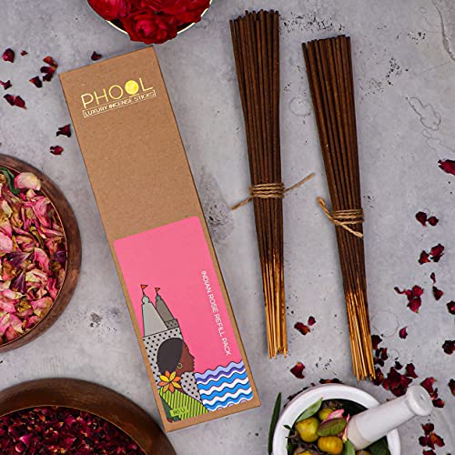 Image of Phool Luxury Incense Indian Rose Refill Pack - 80 Organic Charcoal & Sulphur-Free Agarbatti (200g), Long Lasting Floral Fragrance, Pooja, Meditation & Aromatherapy