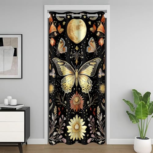 meiyoeat Butterfly Door Curtain for Doorway Privacy for Privacy 52x84 Inch 1 Panel Kids Boho Butterflies Print Floral Closet Door Cover Boy Girl Flower Moon Darkening Curtain Washable Animal