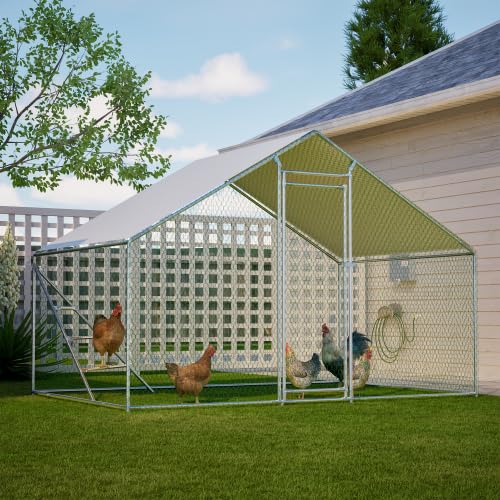 Gallinero de 3 x 2 x 2 m de acero galvanizado, con estructura de escalada y escalera, techo de polietileno impermeable y cerradura de seguridad, pajarera para pollos, conejos, conejos, patos