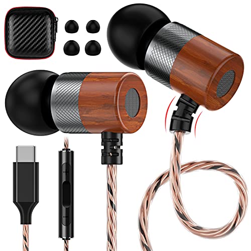 Wood USB C Headphones Hi-Fi Stereo Bass Headphones Wired with Mic Volume Control in-Ear Earbuds for Samsung Galaxy S22 Ultra Z Flip 3 Fold 2 S21 S20 FE,OnePlus 10 Pro,iPad Mini Pro Air,Pixel 6 Pro 5G