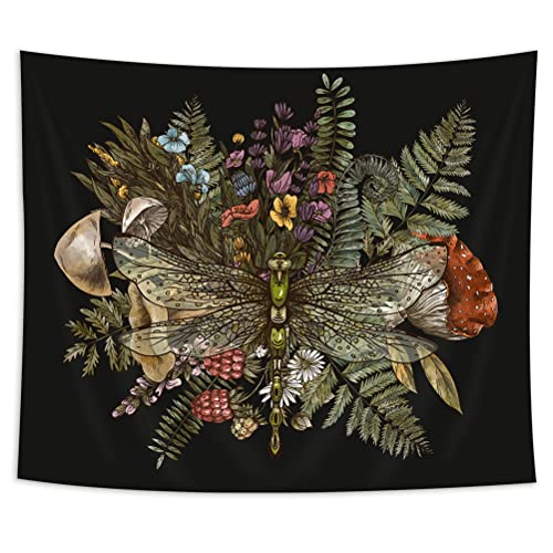Trippy Mushroom Tapestry Vintage Botanical Dragonfly Tapestries Colorful Hippie Wall Hanging For Bedroom Aesthetic Fantasy Boho Plants And Leaves For Bedroom Living Room Dorm Room Decor, 60X40In Small #TOP1