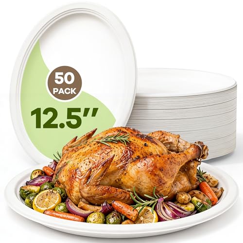 FEHHTO 100% Compostable Oval Paper Plates, 12.5Inch 50Pack Disposable Heavy Duty Bagasse Platters Eco-Friendly Biodegradable Sugarcane Plates for BBQ, Party, Picnic - Off White
