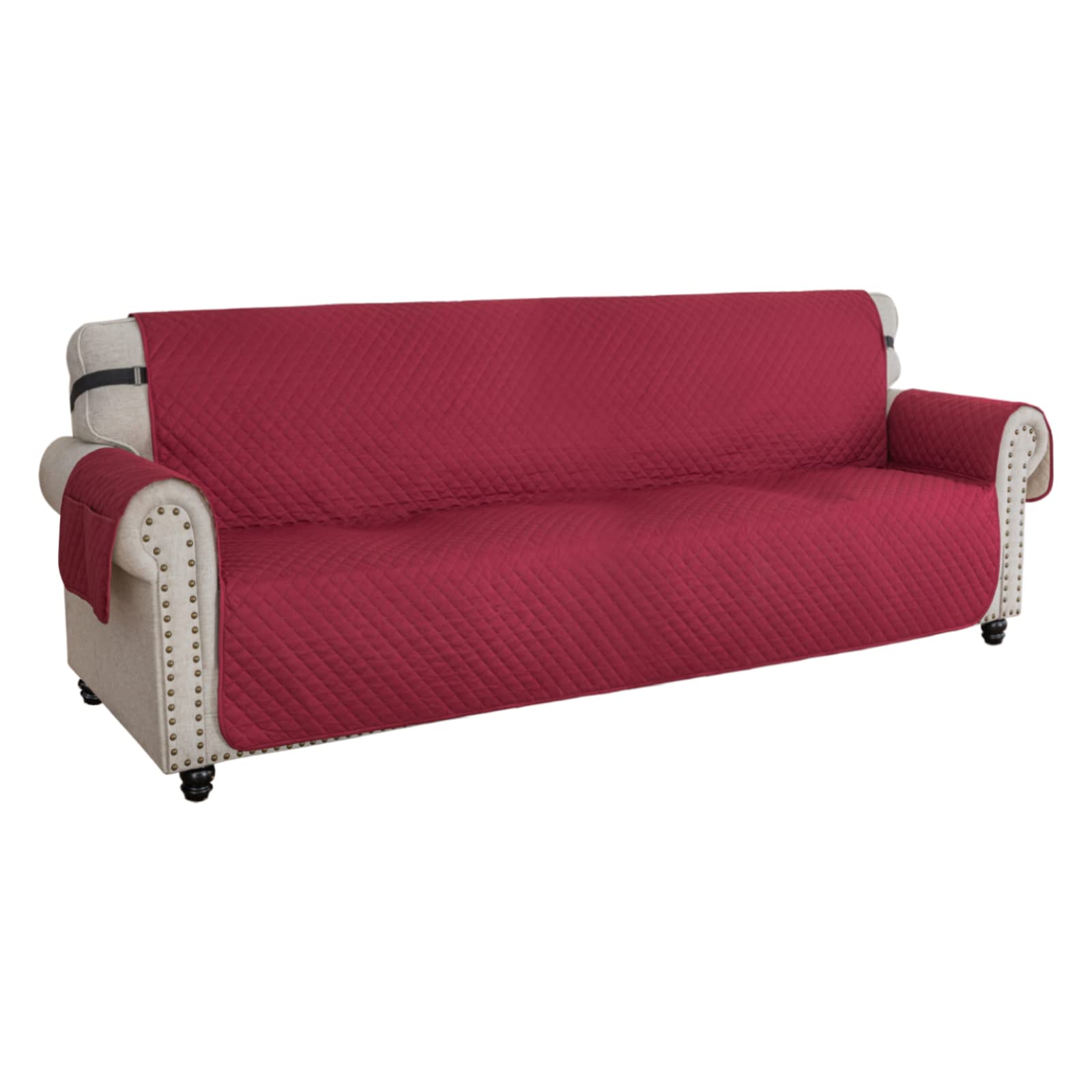 XINEAGE Quilted Sofa Covers 4 Seater, Water Resistant Sofa Slipcovers with Pockets, Extra Large Couch Covers for Dogs Pets, Reversible Sofa Protector with Elastic Strap Washable (XL-Sofa, Red)