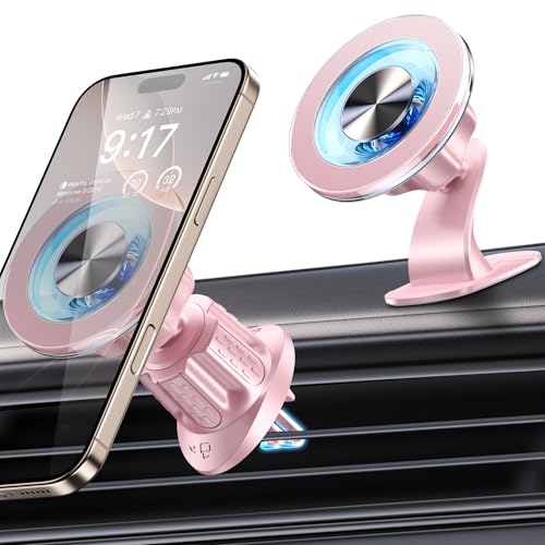 Coneclat for MagSafe Car Mount Magnetic Phone Holder for Car [2026 Upgraded 22X Magnets & Double-Hooks] Phone Holders for Your Car Stand for Dashboard Vent GPS for iPhone 17/16/15/14/13 Android-Pink