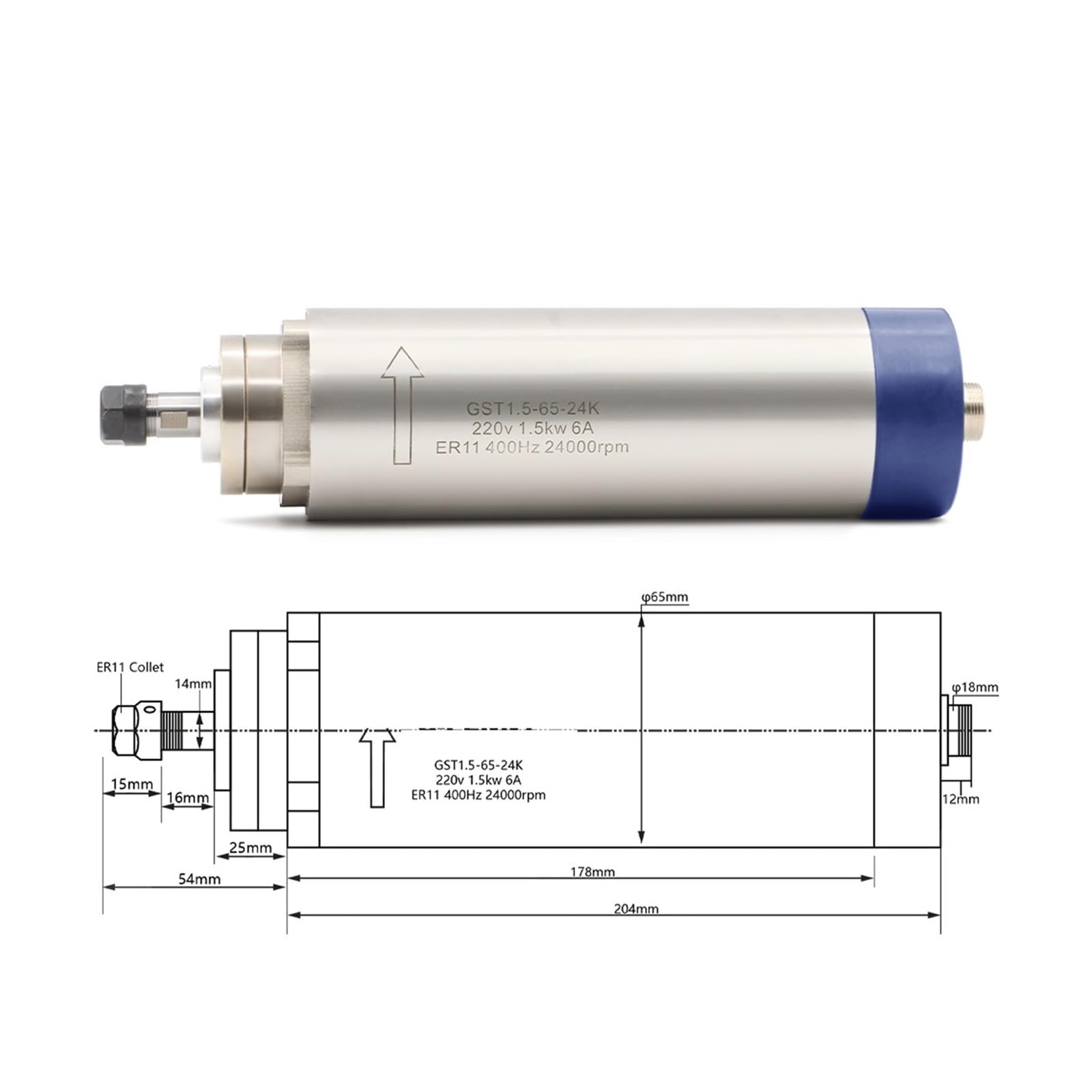 KACOME 1.5kw ER11 air-Cooled Spindle 24000rpm air-Cooled 400Hz 4 Bearings 65x204mm & 1.5kw & 65mm Stand(110v)