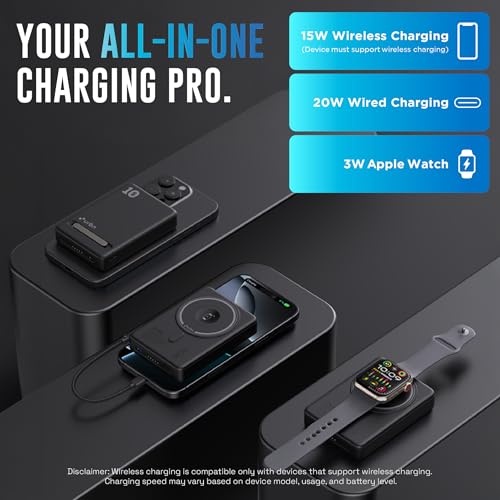 Image of URBN Slide Pro MagSafe 4-in-1 Wireless Power Bank 10000mAh with Kickstand | Designed for iPhone 12+, Apple Watch, AirPods & Qi Devices | MagTag Ring Included (Black)