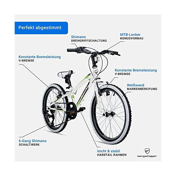 Bergsteiger Kansas 20, 24 Zoll Kinderfahrrad, geeignet für 6, 7, 8, 9, 10, 11 Jahre, Shimano 6 Gang-Schaltung, Mountainbike mit Weißwandbereifung, Jungen-Fahrrad, Mädchen-Fahrrad – Bild 6