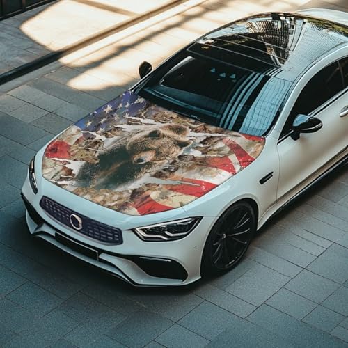 Image of Car Hood Cover Stretchable Car Hood Wrap Blankets Vehicles Banner Bear American Flag Print Auto Decorations for Compact Sedans SUV Trucks (59x39 Inch)