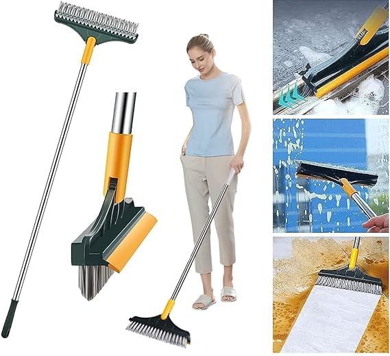 2 in 1 Bathroom Cleaning Brush with Wiper - Upgraded Tile Scrub Brush with Long Handle Tile Cleaner Brush, for Kitchen, Floor and Home - Heavy Duty, Durable, Bathroom Cleaning Accessories