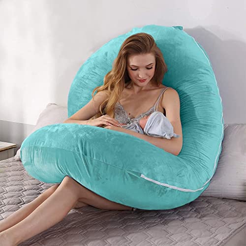 Image of C-Shaped Sleeping Pregnancy Pillow| Removable Washable Velvet Cover with Zipper| PregnoCare Fibres| Maternity, Nursing| Full Body Soft Support Bump, Head, Back, Shoulder, Hips, Legs & Belly (Sky Blue)