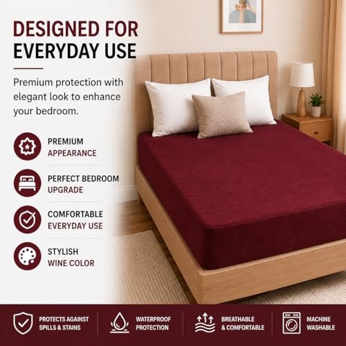 Image of Babylee 100% Waterproof Single 78x48 Inch 6.5x4 Ft Fits Upto 10 Inch Mattress | Premium Terry Cotton Breathable Bed Protector | Mattress Cover for Single Bed | Wine