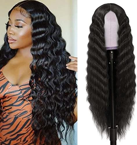 INSTASTYLE 30 Inch Synthetic Curly Wigs for Women Long Black Hair Wig Lace Front 4" Simulated Scalp Natural Loose Deep Wave Crimps Curls Wig As Hair Replacement Wigs 1B