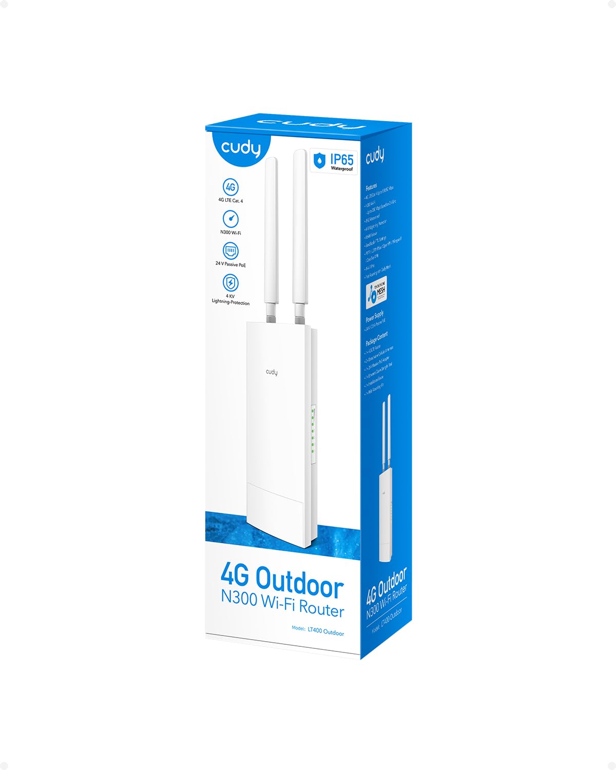 Cudy Modem Router esterno sbloccato 4G LTE Cat4 con slot per scheda SIM, WiFi N300, IP65, antenne cellulari staccabili, adattatore PoE passivo incluso, VPN, LT400 Outdoor
