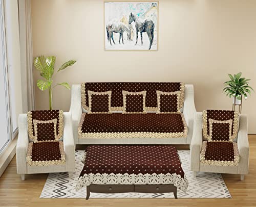 Image of Premium 5 Seater Printed Sofa Cover Set with Cushion +Table Covers, 3,1,1 Seater 10 Pieces Sofa Back Slip Panels, Single Seater,Coffee (Pack of 12)