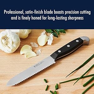 HENCKELS Statement Razor-Sharp 5-inch Serrated Utility Knife, Tomato Knife, German Engineered Informed by 100+ Years of Mastery, Black/Stainless Steel HENCKELS Statement Razor Sharp 5 inch Serrated Utility Knife Tomato Knife German Engineered Informed by 100 Years of Mastery BlackStainless Steel