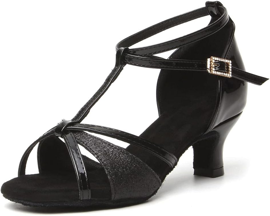HIPPOSEUS Women's Latin Dance Shoes Black T-strap Open Toe Ballroom Salsa Dance Shoes, 8 B(M) US