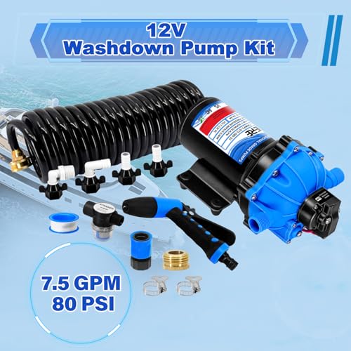 Image of 7.5 GPM 80 PSI Washdown Deck Wash Pump Kit, 12V Washdown Pump Kit with Strainer and Pressure Switch for RV,Boat,Sprayer,Travel Trailers,and Yacht -Freshwater Saltwater