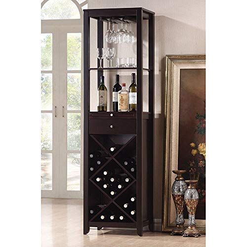 Gabinete de vino con 2 compartimentos abiertos, 1 cajón, 1 bandeja y estante para botellas de vino, gabinete de almacenamiento de estilo transitorio con patas cónicas de madera