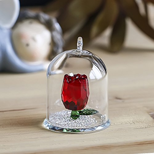 H&D Crystal Rose Flower Figurine Dreams Ornament In A Glass Dome Gifts For Her (Red) #TOP4