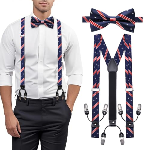 Image of YOHOWA Men Suspenders 6 Clips Strength Adjustable Y Braces Pre-Tied Bow Tie Set Formal Wedding Party