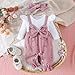 Infant Baby Girls Fall Outfit Long Sleeve Romper Floral Print Fake Two Pieces Patchwork Bow Jumpsuits And Headband Set (Pink, 6-9 Months)