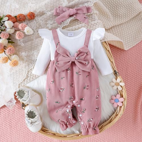 Infant Baby Girl Fall Outfit Romper Cherry Print Fake Two Pieces Patchwork Bow Jumpsuit Newborn Winter Clothes2