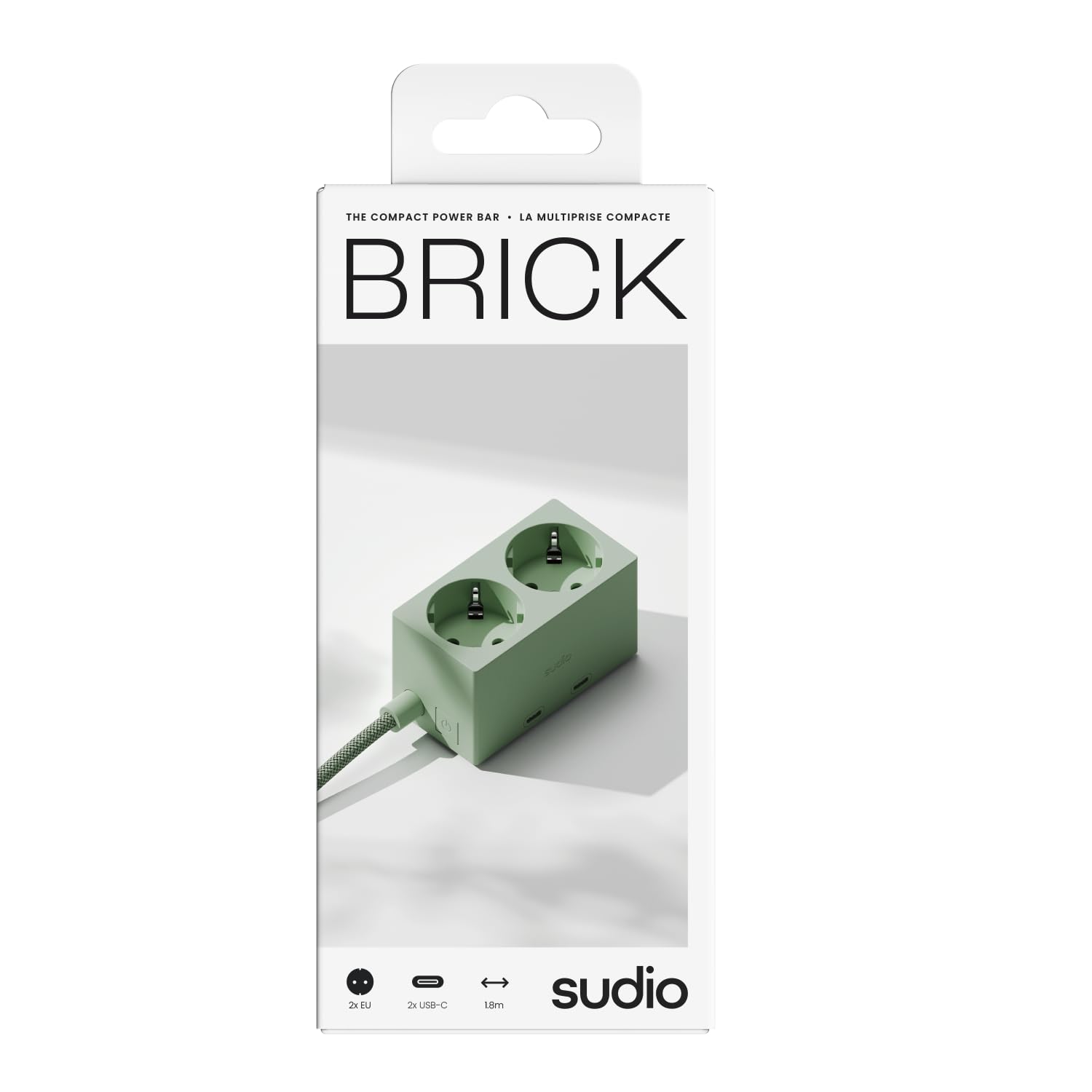 Sudio Brick Kompakte Steckdosenleiste | 2 Steckdosen & 2 USB-C Ports (30W GaN) | 1,8 m geflochtenes Kabel | EIN-/Aus-Schalter | Platzsparendes Design | Aus recycelten Materialien | (Green)