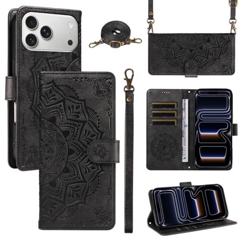 Étui portefeuille iPhone 11 noir avec grande bandoulière pour garder les mains libres en ville