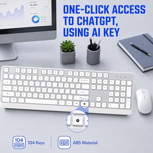 Image of Ant MASTER40 2.4GHz Wireless Keyboard and Mouse Combo - Full Size 104-Key Quiet Keyboard with ChatGPT AI Key & Adjustable 1600 DPI Ergonomic Mouse for PC, Laptop, Mac, Windows, Office - Silver White