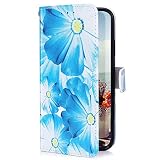 Uposao Kompatibel mit Xiaomi Redmi 7 Hülle mit Bunt Muster Motiv Brieftasche Handyhülle Leder Schutzhülle Klappbar Wallet Tasche Flip Case Ständer Ledertasche Magnet,Blau Blumen