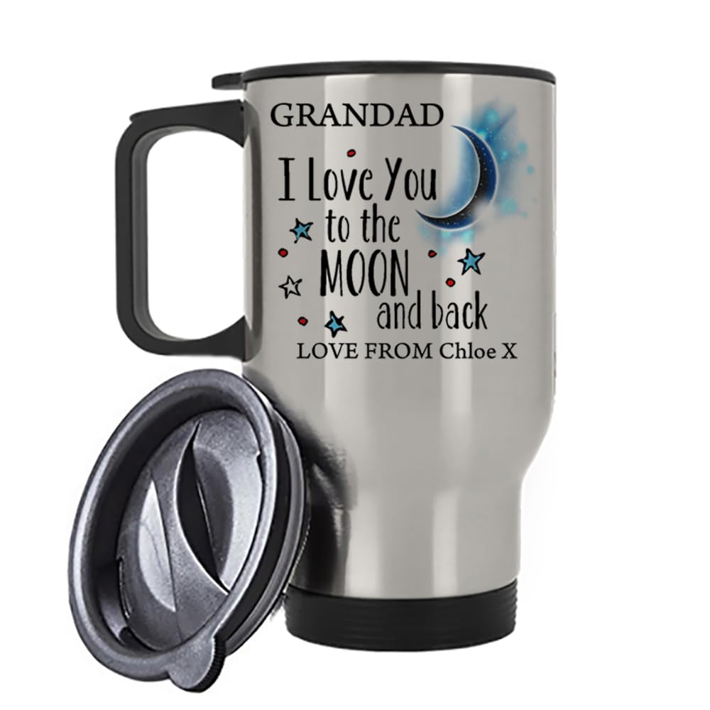 Giftme Personalised Grandad I Love You to The Moon and Back, Father's Day Gift, Insulated Travel Mug, Tea, Coffee Mug. (Silver)