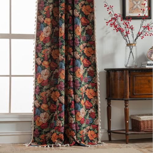 USTIDE Floral Rustic Curtains - Colorful Cotton Tassels Vintage Jacquard Bedroom 1 Panel Semi Blackout Cotton Cottage Style Black, 150x160cm - Image 2