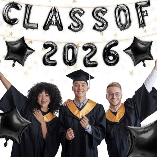 Image of Graduation Balloons, Class of 2026 Balloons, 16 Inch Black Grad Class of 2026 Letters Foil Balloon with Star Balloons, Class of 2026 Decorations for High School College Graduation Party Decorations