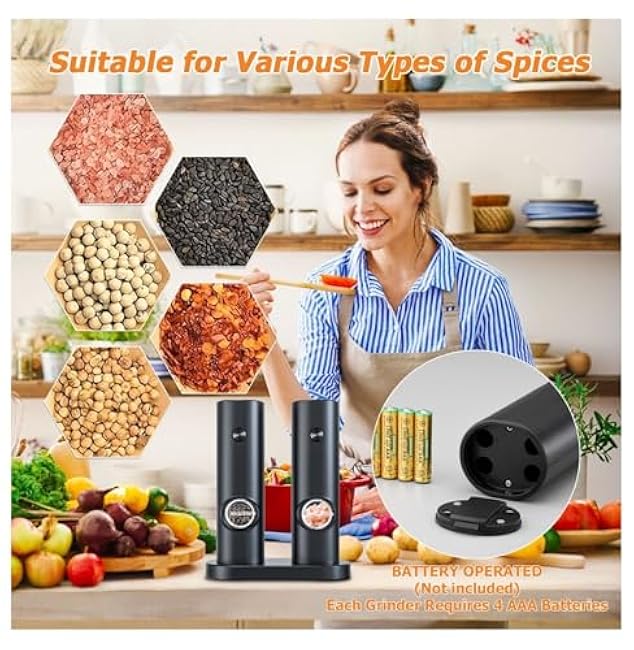 Electric Salt & Pepper Grinder Set, Adjustable Coarseness - Black & White 2-Pack