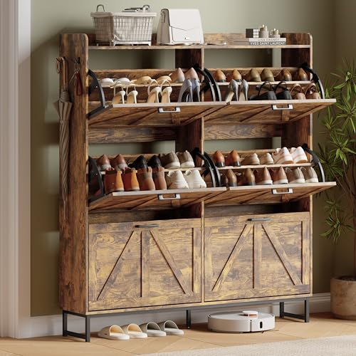 Image of Shoe Cabinet with 6 Flip Drawers, Freestanding Hidden Shoe Storage Organizer for Entryway, Narrow Slim Shoe Rack Cabinet with Open Storage & Hooks for Front Door Entrance, Living Room, Hallway, Brown