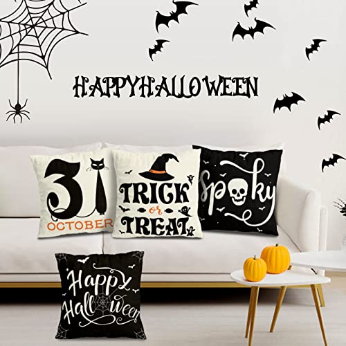 RioGree Halloween Decorations Pillow Covers 18x18 Set of 4 for Halloween Decor Indoor Outdoor, Party Supplies Farmhouse Home Decor Throw Pillows Cover Spider Web Cat Skull Decorative Cushion Case