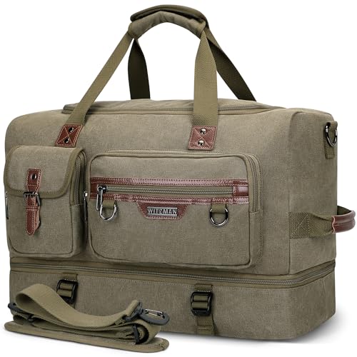 WITZMAN Canvas Weekender Bag Mens Overnight Bag for Traveling Carry on Duffle Bags with Shoes Compartment(A8010 Army Green)