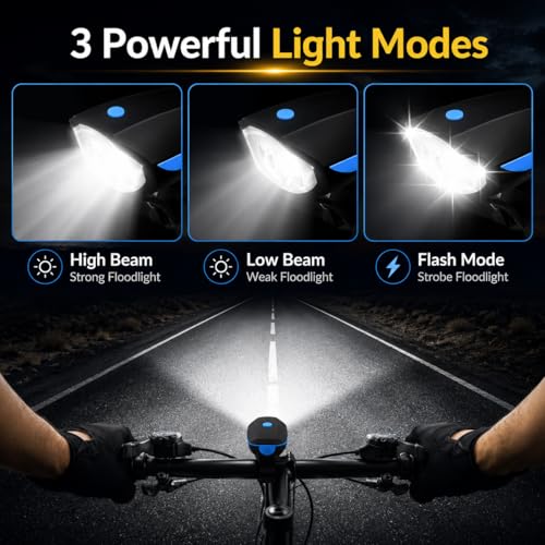 Image of PulGos Rechargeable Cycle Light for Bicycle with 𝟏𝟒𝟎𝐝𝐁 Horn (𝟓 Sound Modes), Bright LED Cycle Headlight(𝟑 𝐋𝐢𝐠𝐡𝐭 𝐌𝐨𝐝𝐞), Up to 𝟒𝟖 𝐡𝐫𝐬 𝐁𝐚𝐭𝐭𝐞𝐫𝐲 𝐥𝐢𝐟𝐞, Ideal for Night Riding