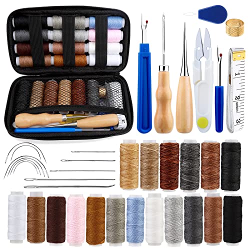 Leder Nähen Set, Leder Werkzeug Set, Leder Werkzeug Set mit 12 Farben Polstergarnschnur, gewachstem Garn, Leder Nähnadel, Nähahlen, Nahttrenner und Aufbewahrungstasche