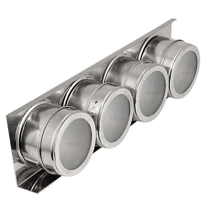 PRISO 4 PCS Magnetic Spice Rack Jars – Strong Magnet Base, Transparent Lid, Sift & Pour Design, Smart Kitchen Organizer For Daily Masala & Spices.