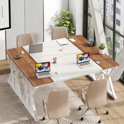 Image of 55 inch Large Computer Desk with Thickened Frame for Home Office, Living Room | Modern Simple Executive Desk, Larger Gaming Desk with X-Shaped ReInchforcement, Brown /White